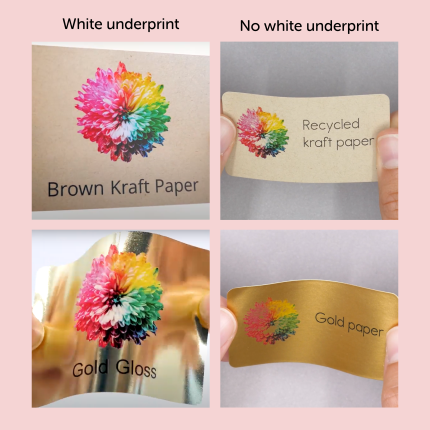Comparação do efeito da base branca em uma estampa floral colorida em papel kraft e ouro brilhante