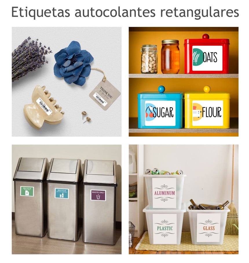 Etiquetas autocolantes retangulares com estilos diferentes. Colocados em caixas e baldes