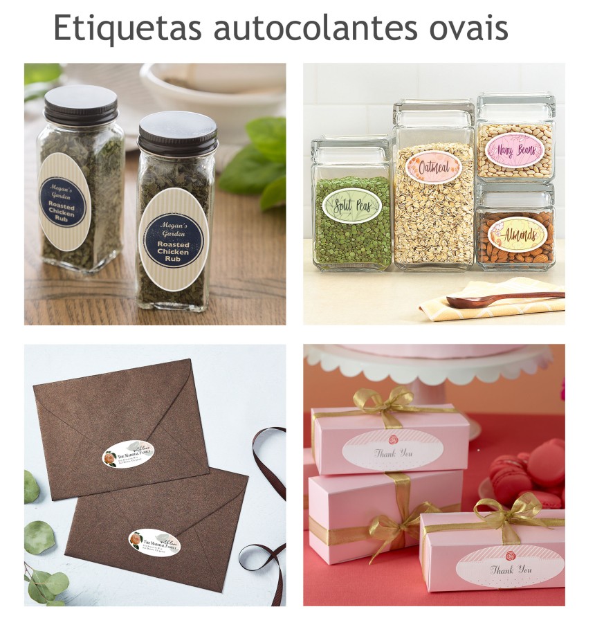 Etiquetas autocolantes ovais com estilos diferentes. Colocados em potes, envelopes, presentes