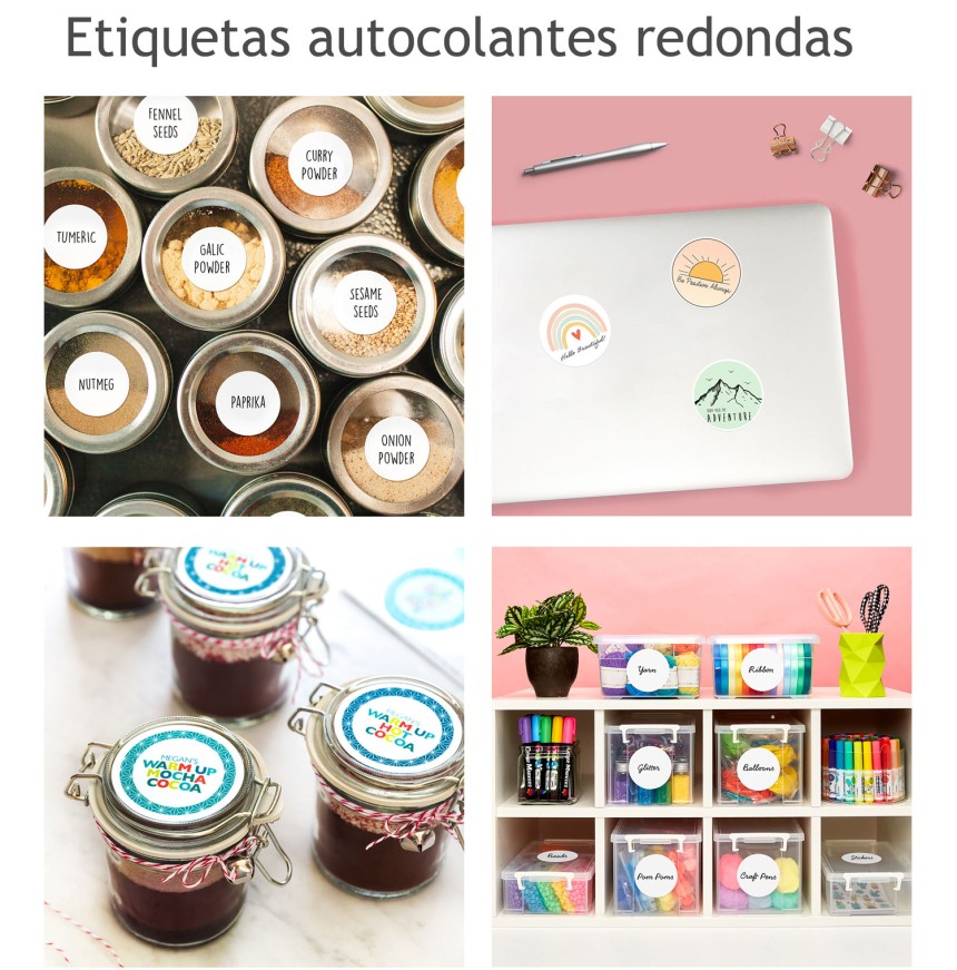 Etiquetas autocolantes redondas com estilos diferentes. Colocados em potes e caixas.