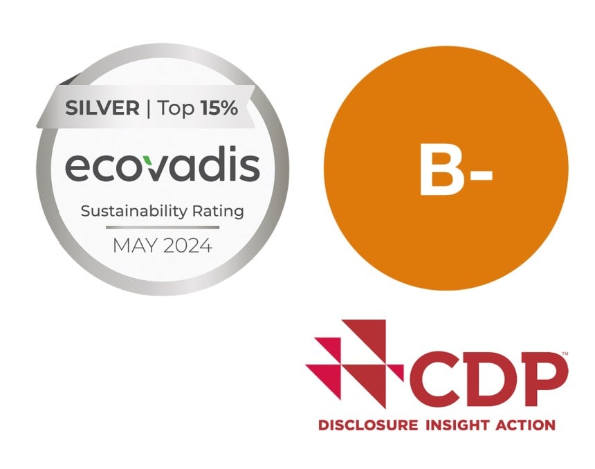 Certificações ECOVADIS CDP maio de 2024 prata atingem 15%. Perto do círculo laranja com B-. Abaixo está o logotipo do CDP