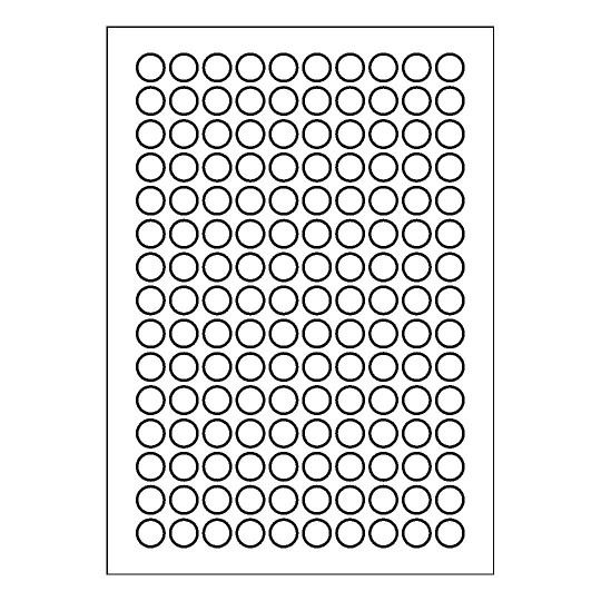 folha de papel em branco com dez fileiras de 15 etiquetas redondas.