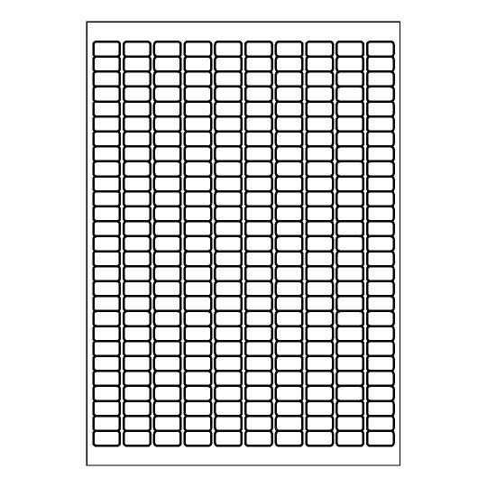 folha branca com 10 fileiras de 27 etiquetas adesivas retangulares 18x10