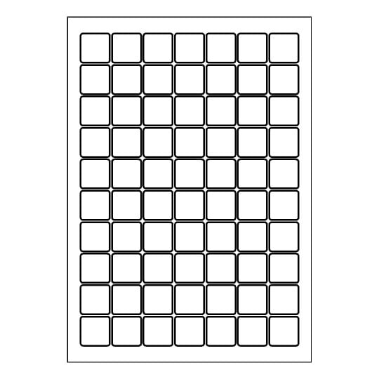 folha branca com 70 etiquetas adesivas quadradas 25x25