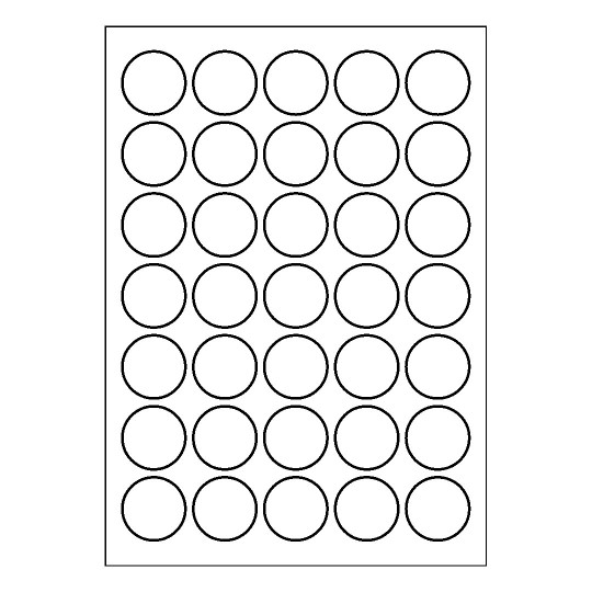 folha de papel em branco com 5 fileiras de 7 etiquetas redondas.