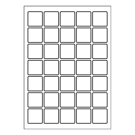 folha branca com 35 etiquetas adesivas quadradas 35x35