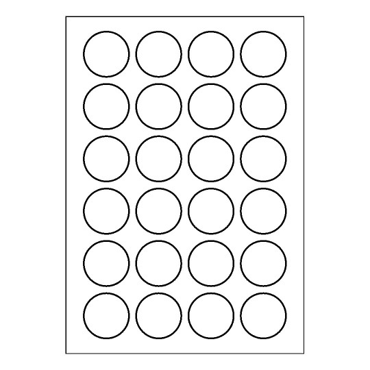 folha de papel em branco com 4 fileiras de 6 etiquetas redondas.