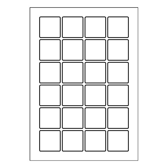 folha branca com 24 etiquetas adesivas quadradas 40x40