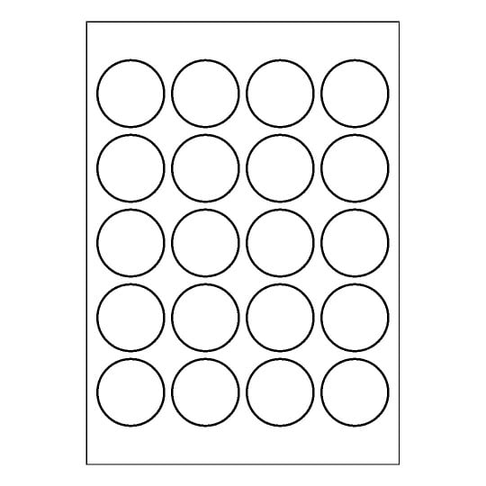 folha de papel em branco com 4 fileiras de 5 etiquetas redondas.