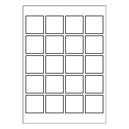 folha branca com 20 etiquetas adesivas quadradas 45x45