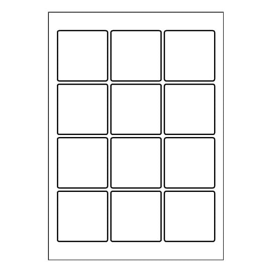 folha branca com 3 fileiras de 4 etiquetas adesivas quadradas 60x60
