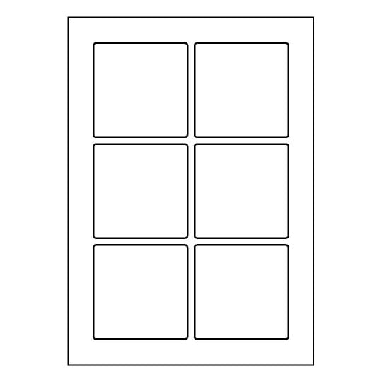 folha branca com 3 fileiras de 3 etiquetas adesivas quadradas 80x80