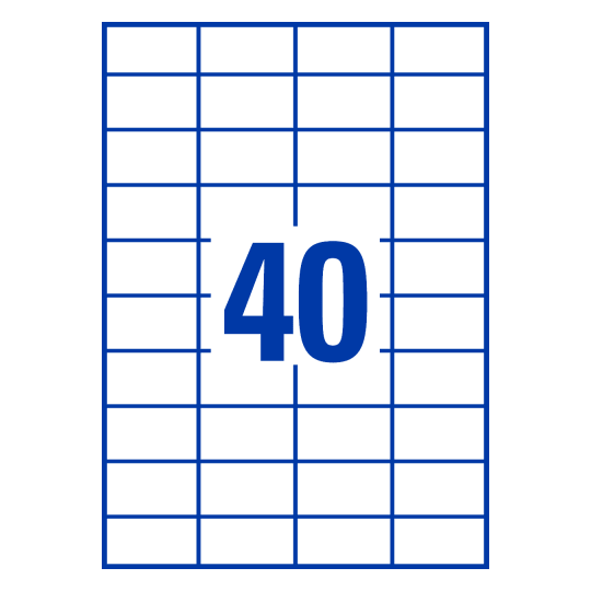 folha branca com 40 etiquetas retangulares 52x30.